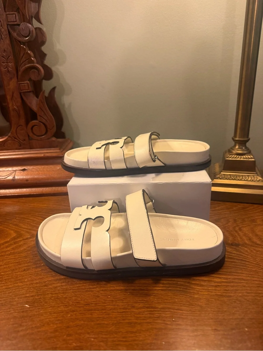 Tory Burch Ines Ivory Leather Double-Strap Logo Sport Slide Sandals Size 5.5